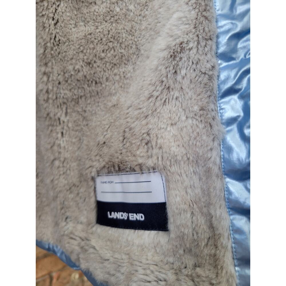 Lands End Blue Metallic Soft Puffer Parka Jacket Faux Fur Lined Girls XL 16 Coat - Picture 6 of 6